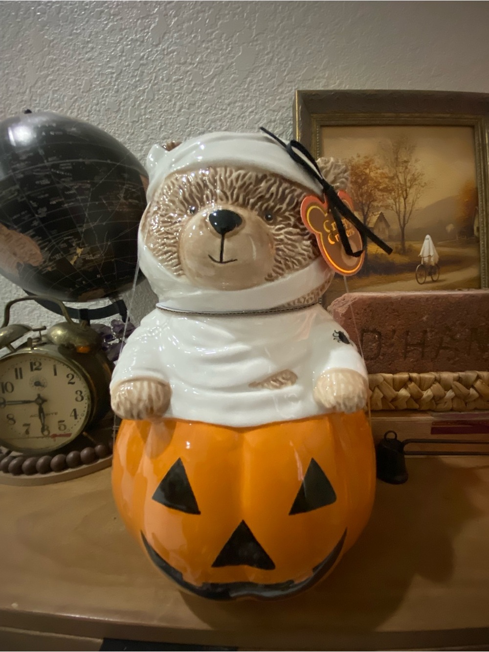 Bear in Pumpkin Halloween Cookie Jar - White & Orange